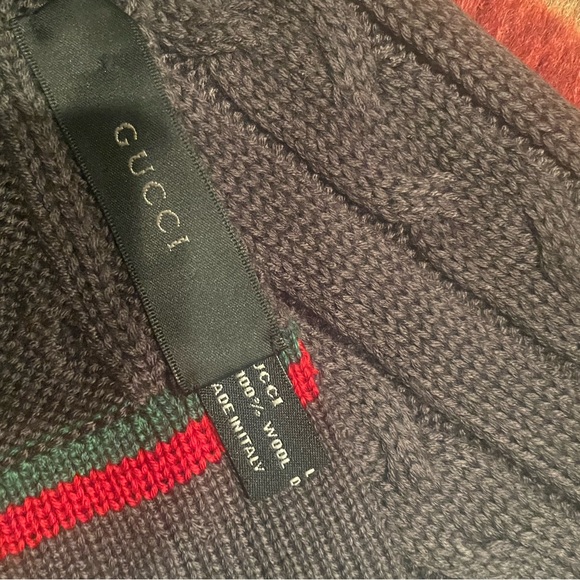 Gucci Accessories - Gucci Charcoal Wool Scarf with Red and Green Stripes